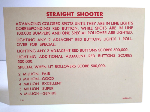 Straight Shooter 1959 Pinball Machine Score Card Instructions NOS SK399-13