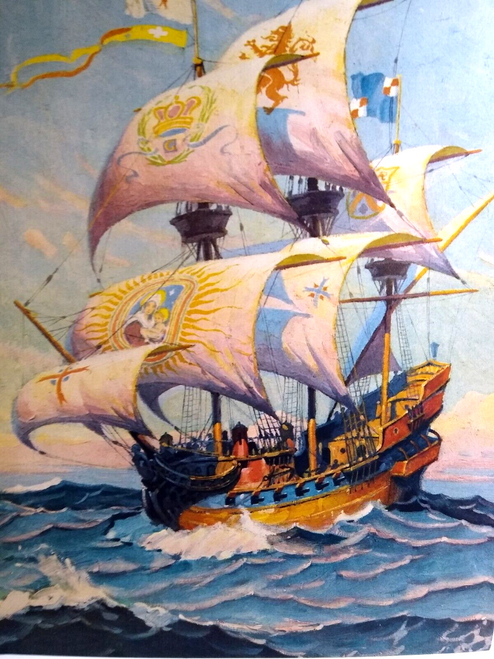 Manila Galleons Spanish Pirate Treasure Ship Art Print 1930s Lithograph Nautical