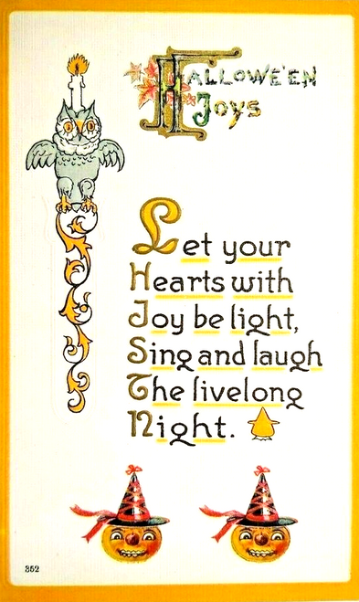 Halloween Postcard Owl Candelabra JOL Goblins Fantasy 352 Embossed Unused 1913