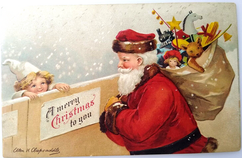 Santa Claus Christmas Postcard Ellen Clapsaddle Girl By Fence Brown Teddy Bear