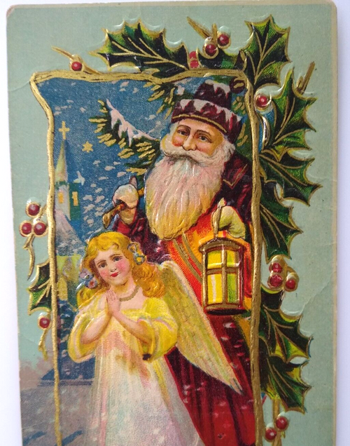 Santa Claus Father Christmas Postcard Old World Lantern Angel Prays Gel Embossed