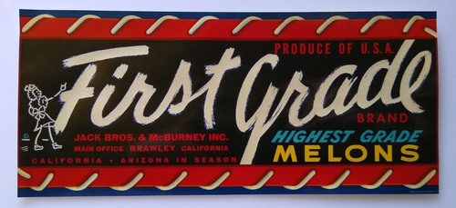 First Grade Melon Crate Label Jack Bros California Ariz Original Vintage 1950's