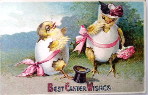 Easter Postcard Fantasy Dressed Baby Chicks Inside Eggs Germany Embossed 1910