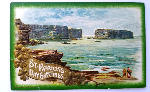 St Patrick's Day Postcard John Winsch Intrinsic Bay Kilkee big Rocks Emboss 1910