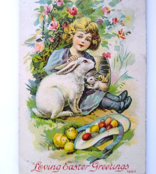Loving Easter Greetings Postcard 1911 Child Bunny Rabbits In Flower Garden 72011