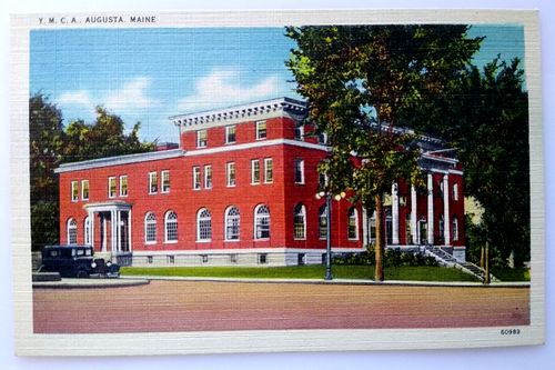 Augusta Maine YMCA Building Old Car Linen Postcard Unused Vintage 60989 Tichnor