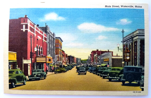 Waterville Maine Linen Postcard Old Cars Automobiles Band Shops Stores Unused