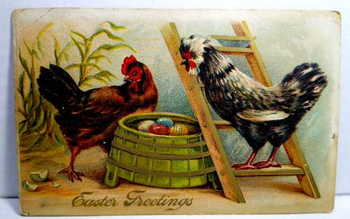 Easter Postcard Rooster Hen Painted Eggs Ladder Basket Embossed Vintage 1911