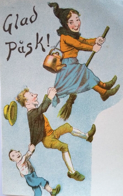 Easter Witch Postcard Fantasy Glad Pask Flying Broom Tea Kettle People Sweden