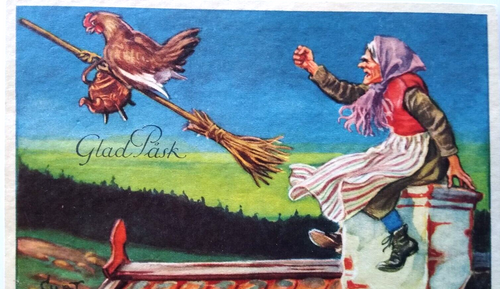 Easter Witch Postcard Glad Pask Rooster Steals Broom And Tea Pot Curt Nystrom