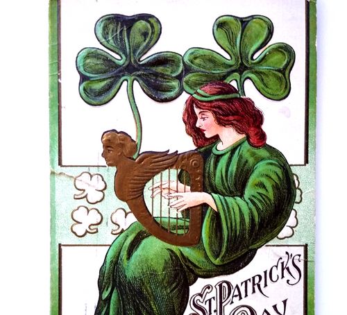 St Patricks Day Postcard Women Playing Harp Clovers Lions Head Embossed Torn