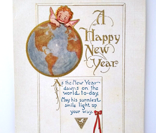 New Years Day Postcard Cherub Angel Above Planet Earth Globe Series 22 Fantasy