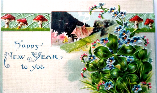 New Years Day Postcard Mushrooms Clover Patch Flowers Cottage United Art Germany