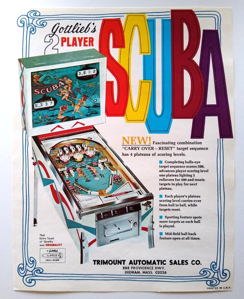 Scuba Pinball FLYER Original 1970 Retro UNUSED Deep Sea Diving Mod Art Promo