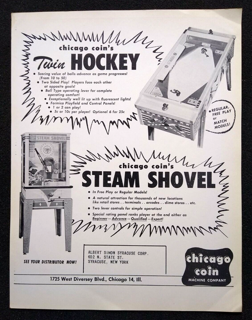 Steam Shovel Twin Hockey Arcade Flyer Digger Game 1956 UNUSED Chicago Coin