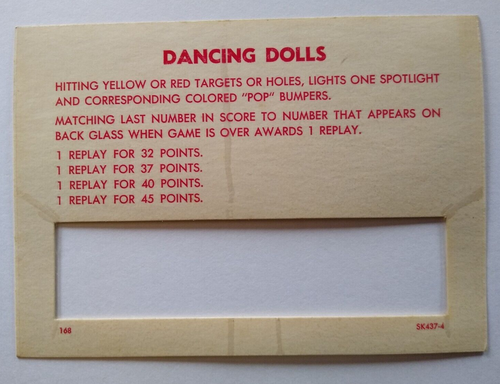 Dancing Dolls Original Pinball Machine Instruction Replay Card SK-437-4 UNUSED