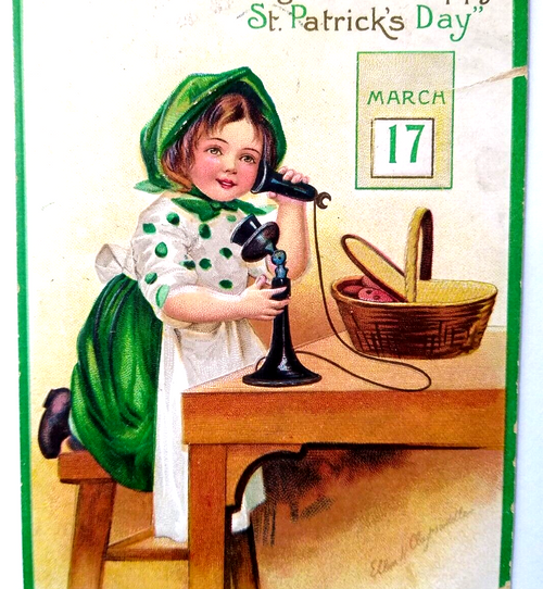 St Patrick's Day Postcard Girl Telephone Basket Signed Ellen Clapsaddle Germany