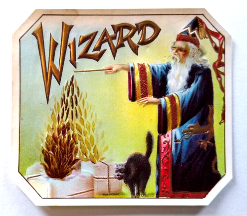 Wizard The Magician Black Cat Vintage Cigar Embossed Label Magic Wand Sorcerer