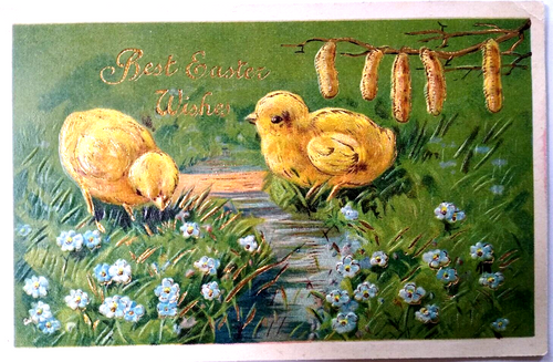 Easter Postcard Baby Chicks Blue Flowers Gold Guild Series 748 Germany Embossed