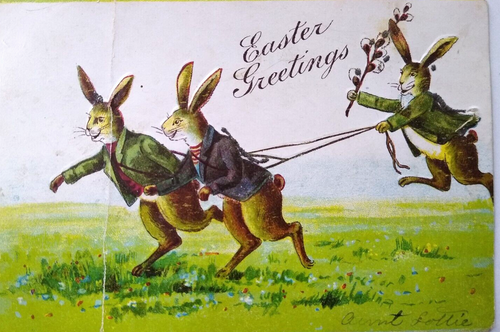 Easter Greetings Postcard Dressed Bunny Rabbits Fantasy Mica Glitter E.B. Co.
