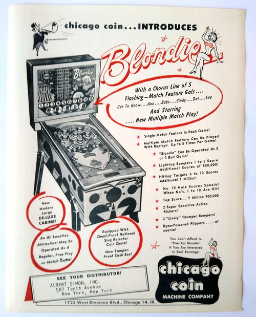 Blondie Pinball FLYER 1956 Original UNUSED Blonde Women Art Vintage Chicago Coin