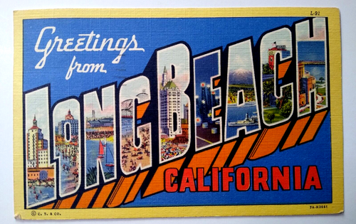 Greetings From Long Beach California Large Letter Linen Postcard Curt Teich 1949