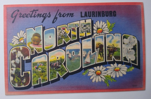 Greetings From Laurinburg North Carolina Large Big Letter Linen Postcard Unused