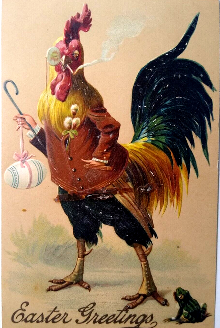 Easter Postcard Fantasy Dressed Rooster Can Monocle Eyeglass Cigarette Frog 8403