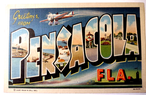 Greetings From Pensacola Florida Large Letter Linen Postcard 1945 Airplane Beach