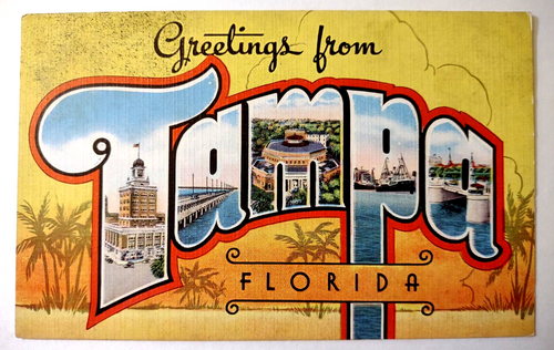 Greetings From Tampa Florida Large Letter Linen Postcard Kropp Vintage Unused