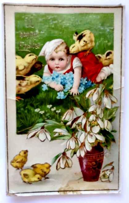 Easter Postcard Child Crawling In Grass Baby Chicks Flower Pot Gel Germany
