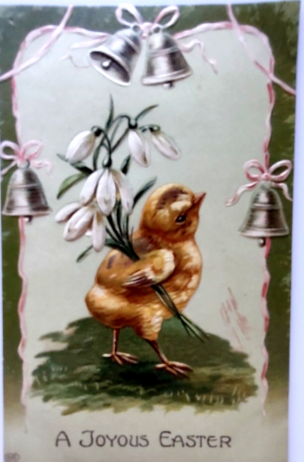 Easter Postcard Joyous Baby Chick Bells Flowers EAS Germany Embossed Vintage