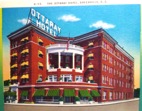 Ottaray Hotel Greenville South Carolina Linen Postcard Unused Brick Building