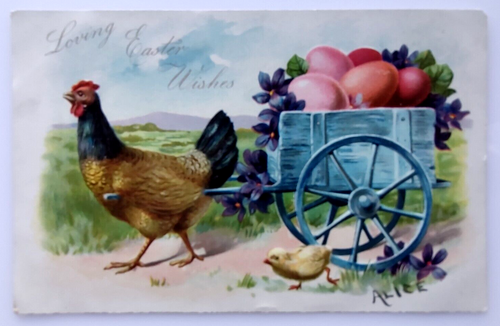 Easter Postcard Rooster With Painted Egg Cart Flowers Baby Chick Fantasy Tuck