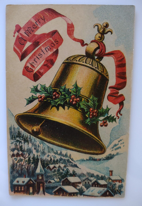 Merry Christmas Postcard Decorated Gold Bell Church Homes Mountains Vintage