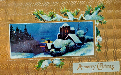 Christmas Postcard Cottage Germany Jmport Series 509 Gold Embossed Background