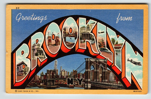 Greetings From Brooklyn New York Large Letter Linen Postcard Curt Teich Vintage