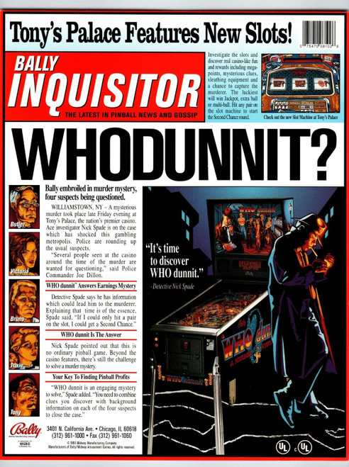 Whodunnit Pinball Flyer Original 1997 Game 8.5" x 11" Retro Artwork Who Dunnit?