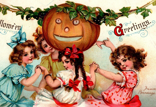 Halloween Postcard Signed Frances Brundage Children Dancing Pumpkin Gabriel 120