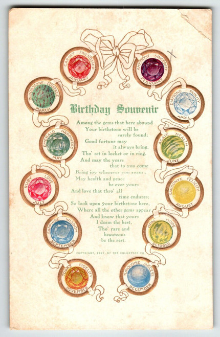 Birthday Souvenir Postcard Birthstones Gems January - December Good Fortune 1907