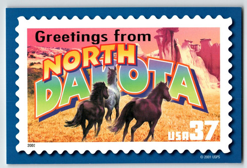 Greetings From North Dakota Large Letter Chrome Postcard USPS 2001 Bronco Horses