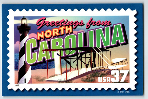 Greetings From North Carolina Large Letter Chrome Postcard USPS 2001 Lighthouse