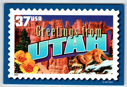 Greetings From Utah Large Letter Chrome Postcard USPS 2001 Mountain Lion Flowers