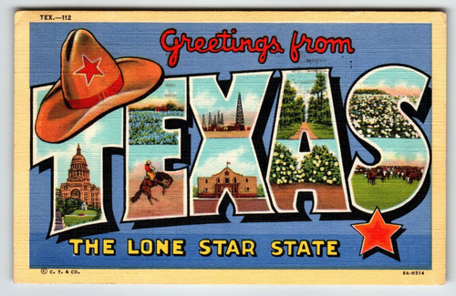 Greetings From Texas The Lone Star State Large Letter Linen Postcard 1947 Hat