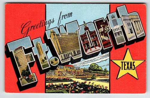 Greetings From Ft Worth Texas Large Letter Linen Postcard Kropp Unused Big City