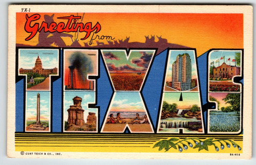 Greetings From Texas Large Big Letter Linen Postcard 1947 Curt Teich Cowboy