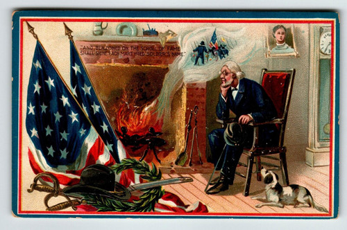 Memorial Decoration Day Postcard White Spotted Dog Soldiers Fireplace Tuck 158