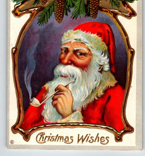 Christmas Postcard Santa Claus Smoking Pipe Embossed Pinecones Stecher Ser 230 E