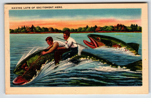 Fishing Linen Postcard Huge Exaggerated 2 Men Riding On Fish Unused Vintage