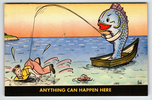 Fishing Linen Postcard Huge Exaggerated Fish Catches Man Humor Unk Boat Unused